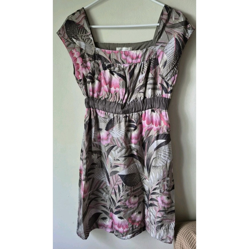 Anthropologie Moulinette Soeurs Silk Floral Dress Square Neck Green/Pink Size 2